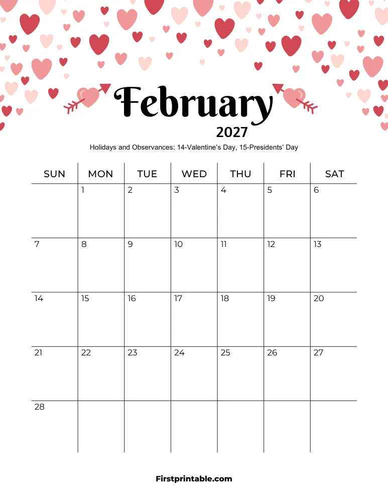 February 2027 Calendar Valentine's Day Theme