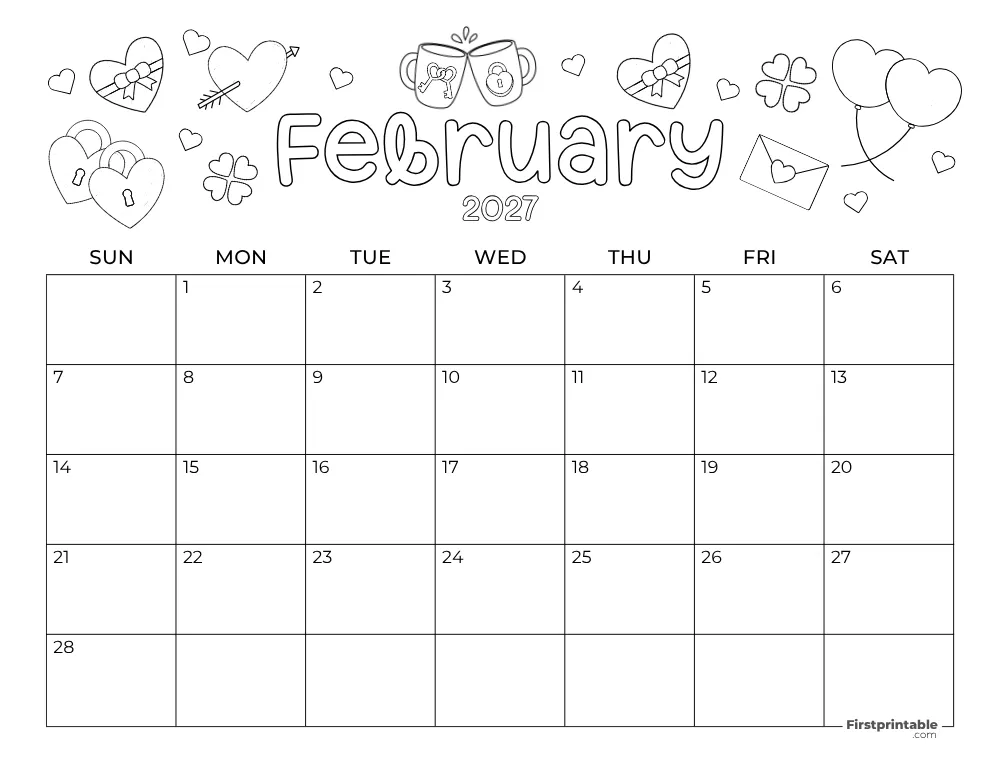 February 2027 Calendar - Valentine's Day Themed