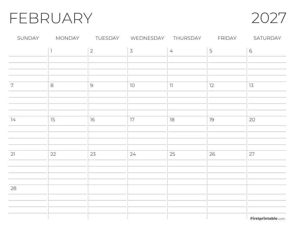 February 2027 Calendar with lines