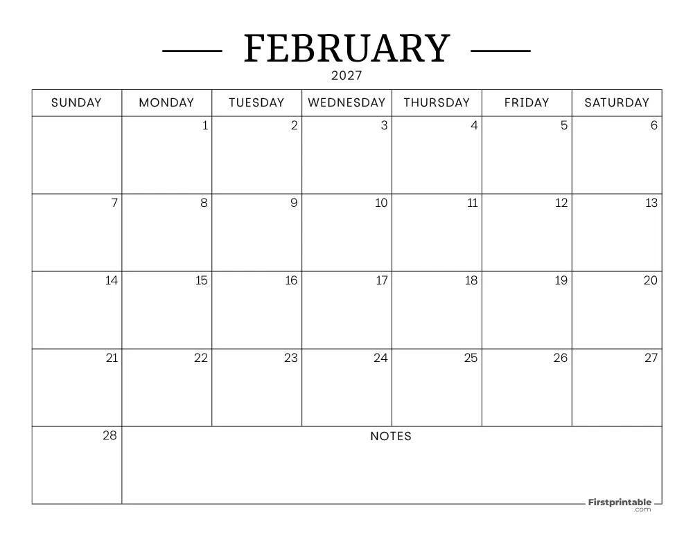 February Calendar 2027 Printable