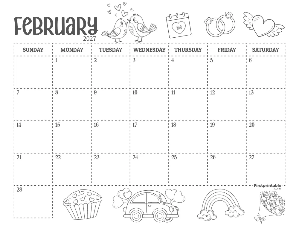 February Calendar 2027 Valentines Day Themed 01