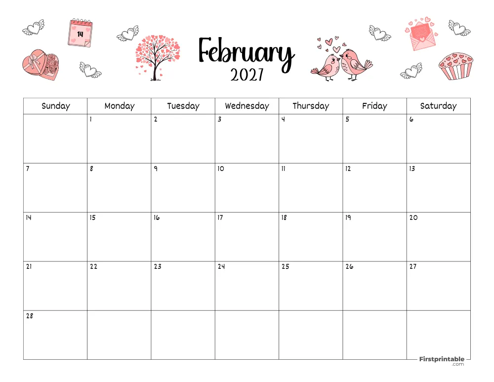February Calendar 2027 Valentines Day Themed 02
