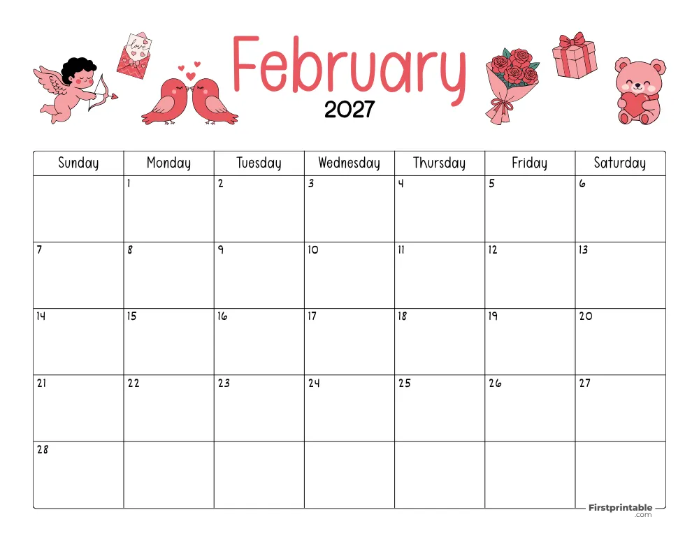 February Calendar 2027 Valentines Day Themed 04