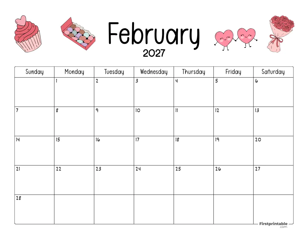 February Calendar 2027 Valentines Day Themed 05