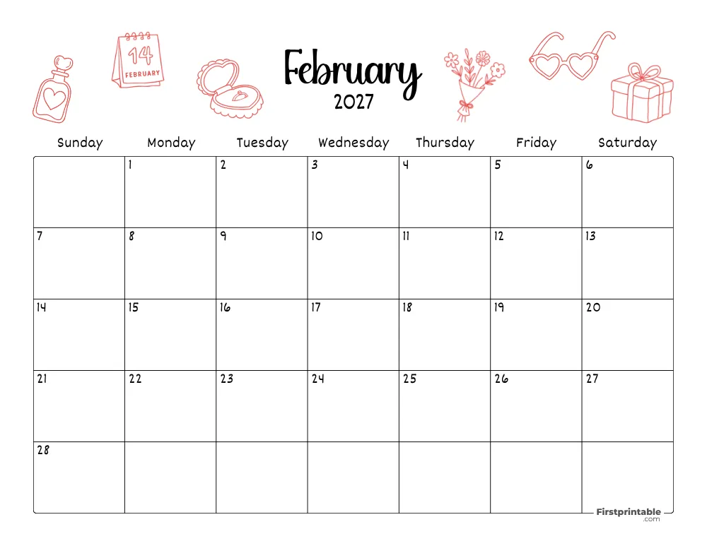 February Calendar 2027 Valentines Day Themed 06