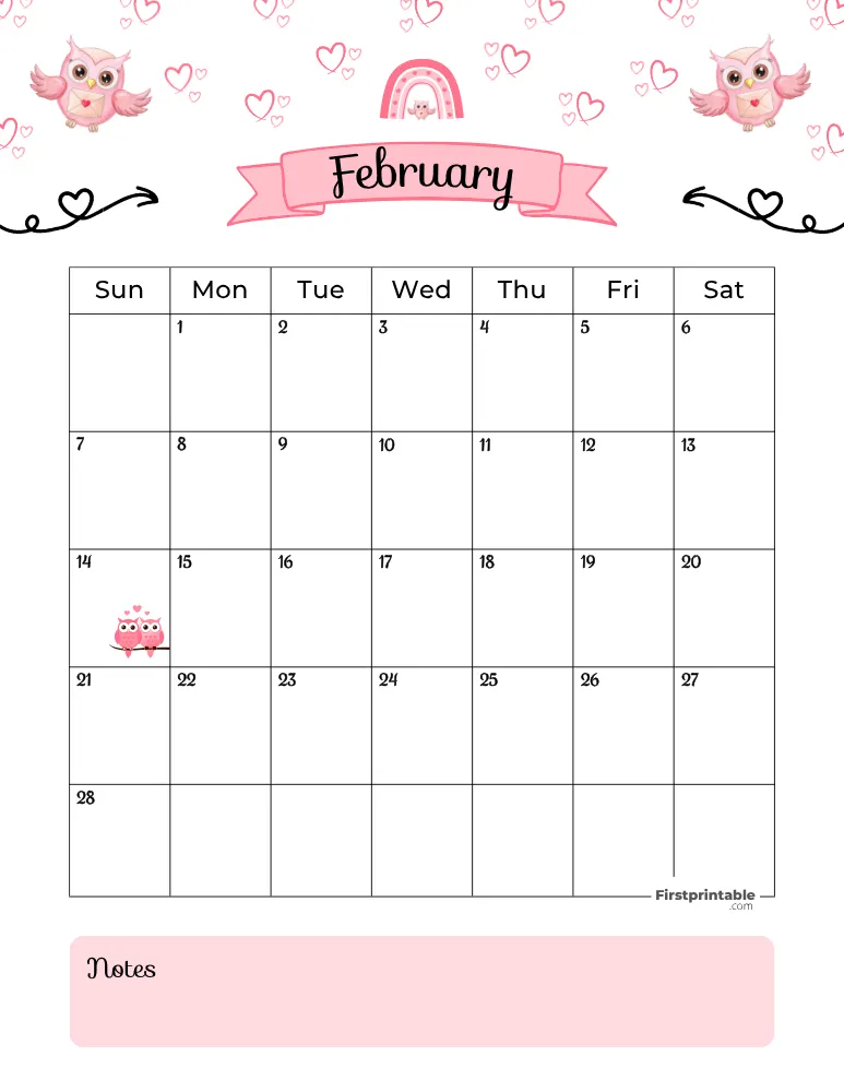 February Calendar 2027 Valentine's Day Themed Template 01