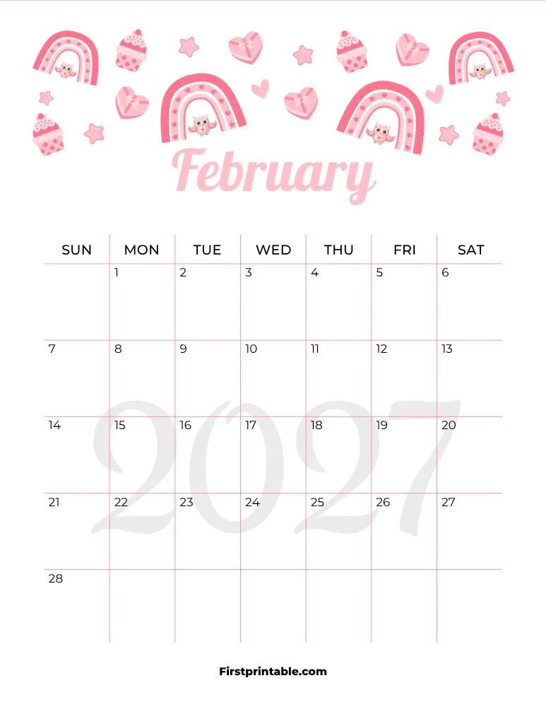 February Calendar 2027 Valentine's Day Themed Template 06