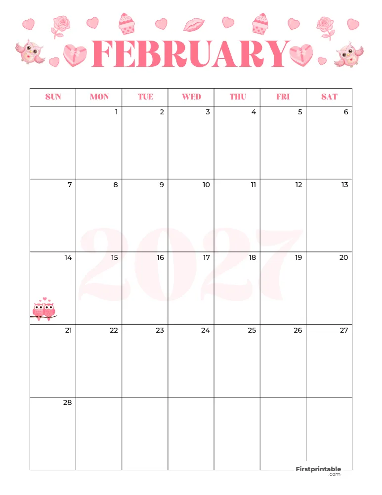 February Calendar 2027 Valentine's Day Themed Template 07