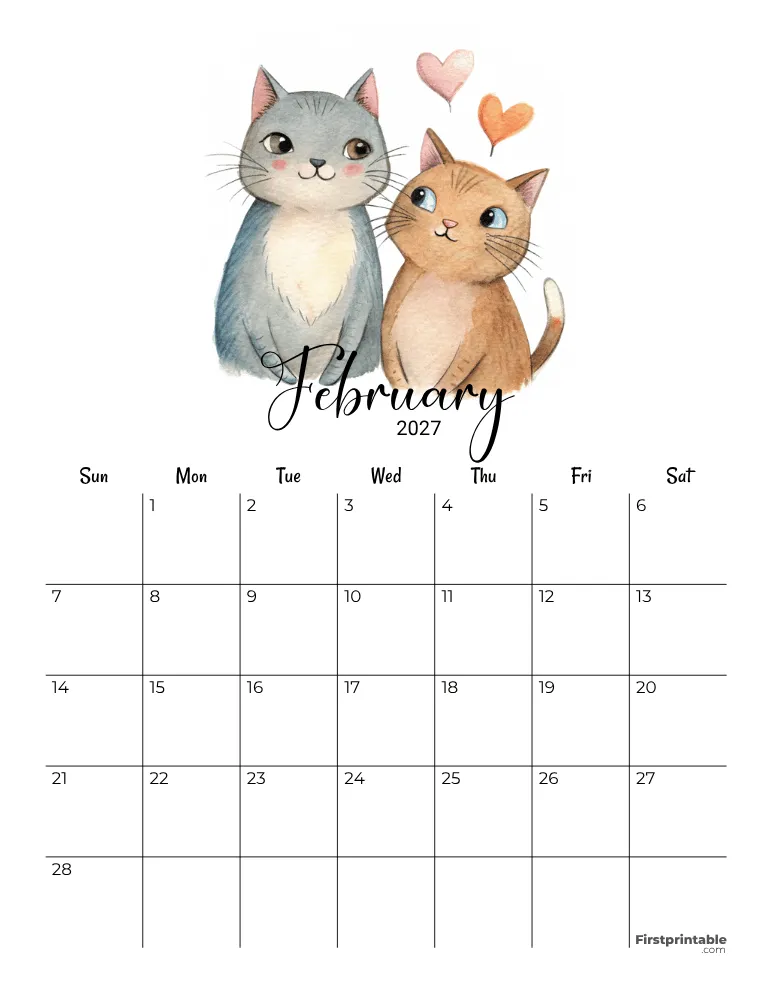 February Calendar 2027 Valentine's Day Themed Template 08