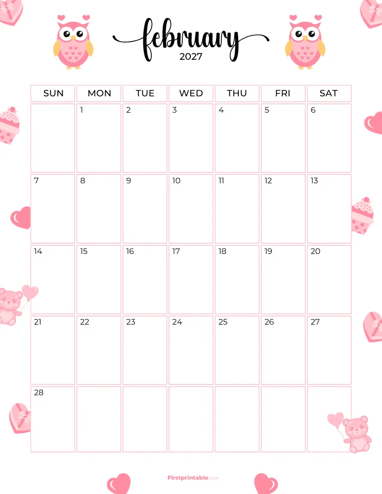 February Calendar 2027 Valentine's Day Themed Template 09
