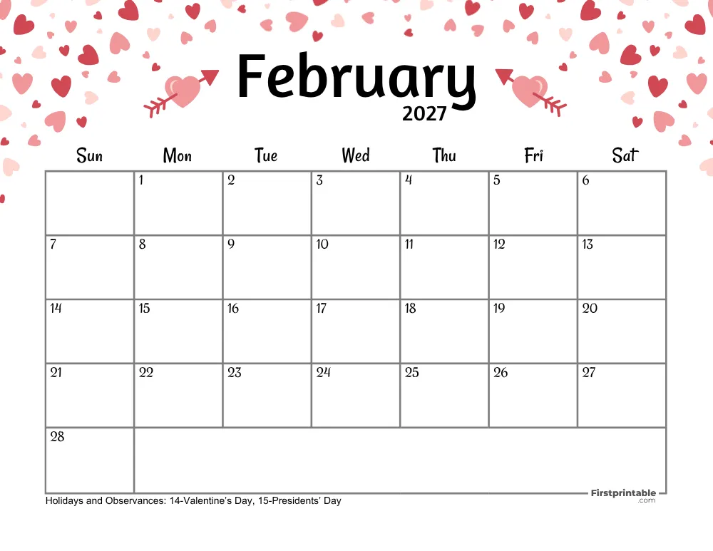February Calendar 2027 - Valentine's Day