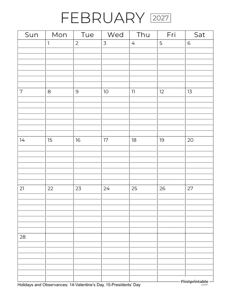 February Calendar 2027 with Lines