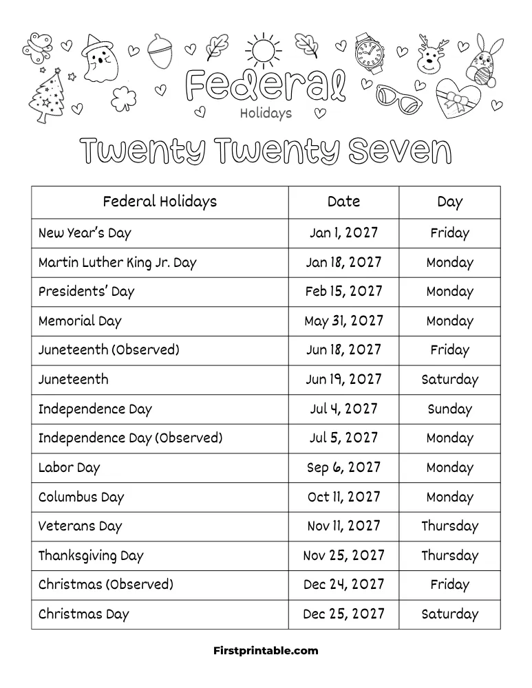 Federal Holidays 2027 Template 02
