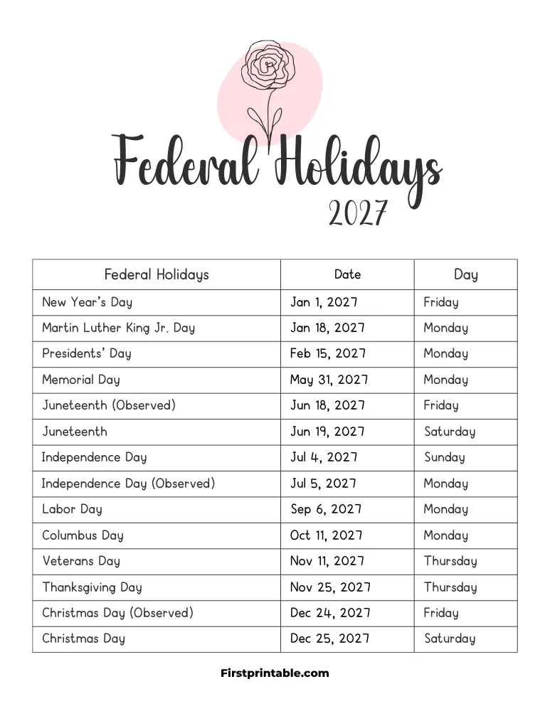 Federal Holidays 2027 Template 03
