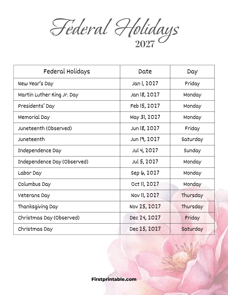 Federal Holidays 2027 Template 04