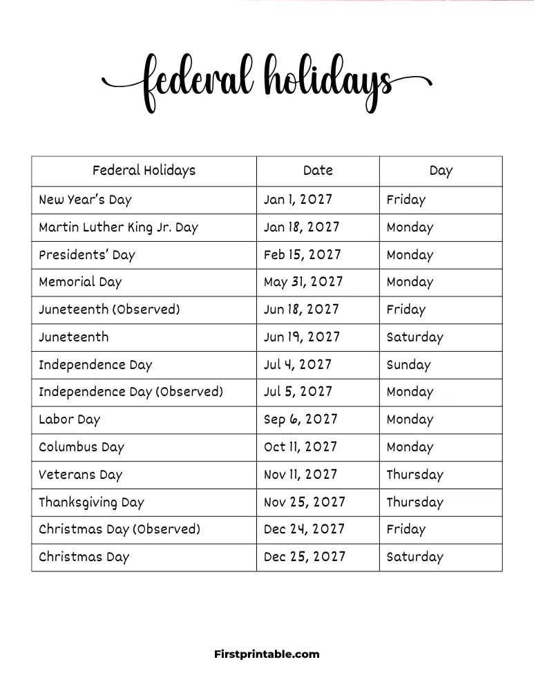 Federal Holidays 2027 Template 05