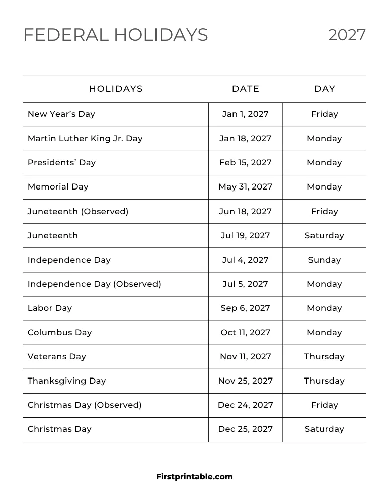 Federal Holidays 2027 Template 06