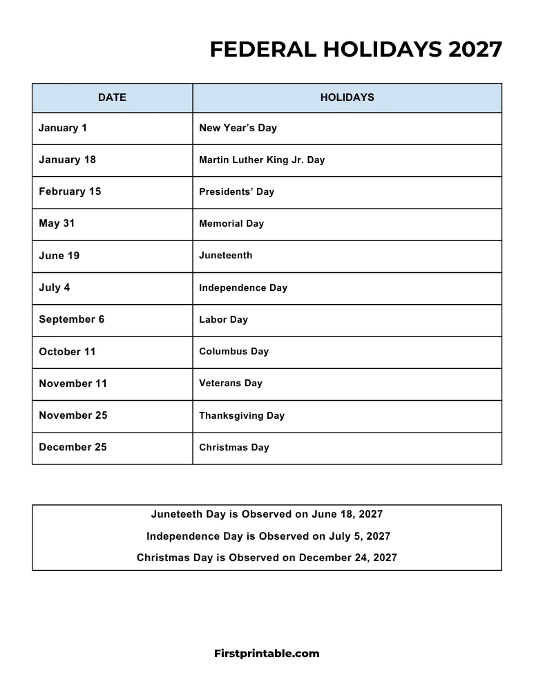 Federal Holidays 2027 Template 07