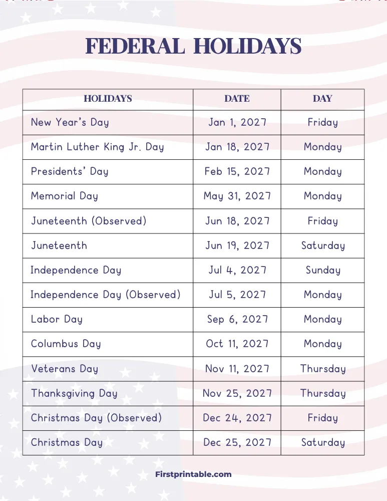 Federal Holidays 2027 Template 09