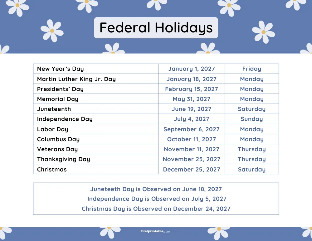 Federal Holidays 2027 Template 11