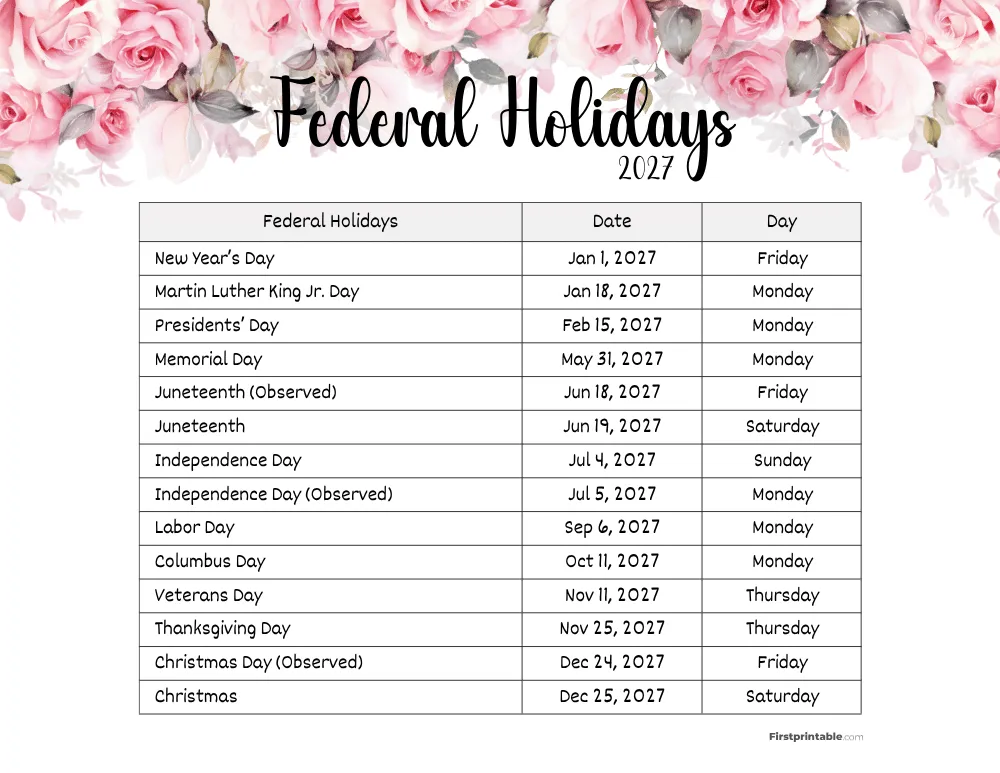 Federal Holidays 2027 Template 12
