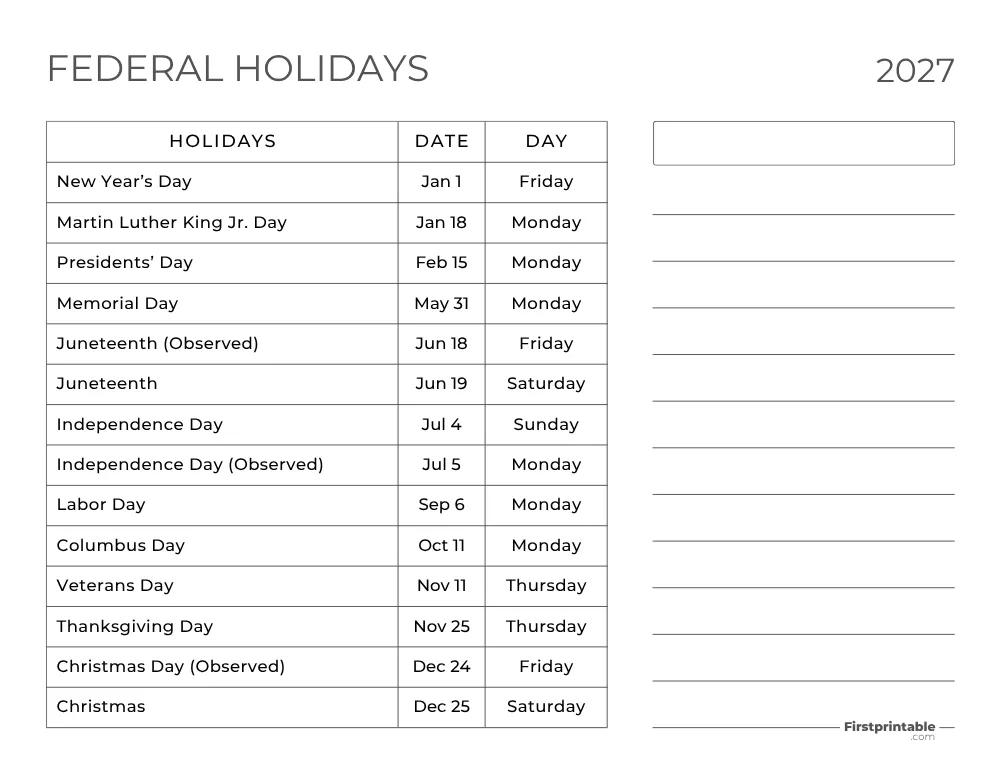 Federal Holidays 2027 Template 13