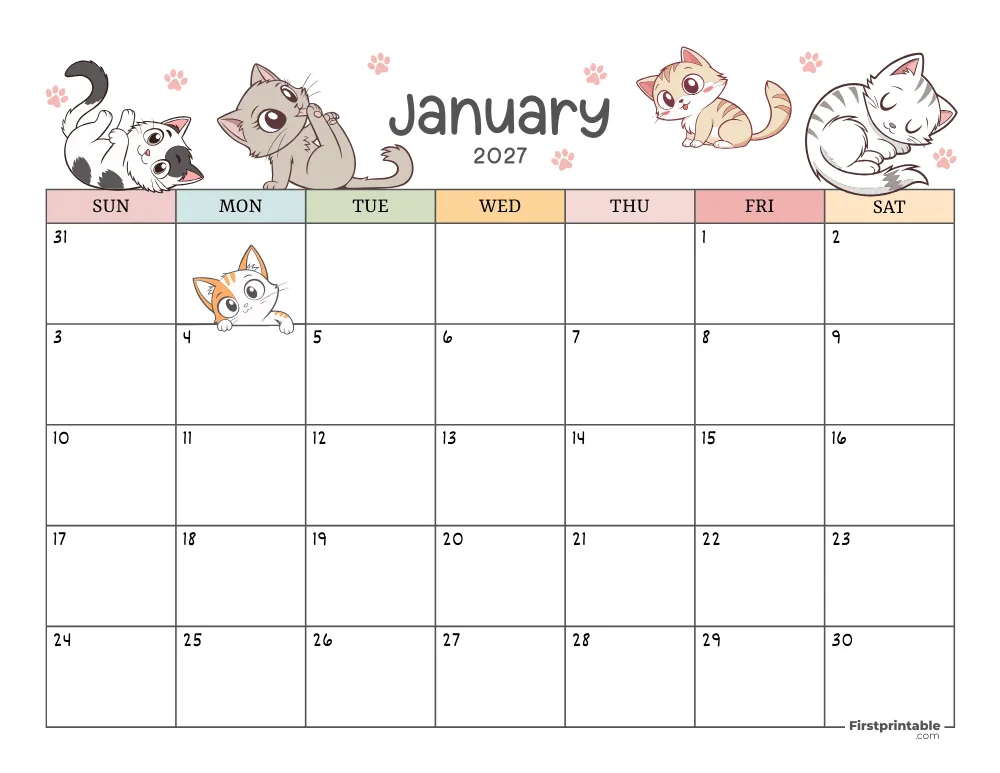 January 2027 Calendar Cat Themed 01