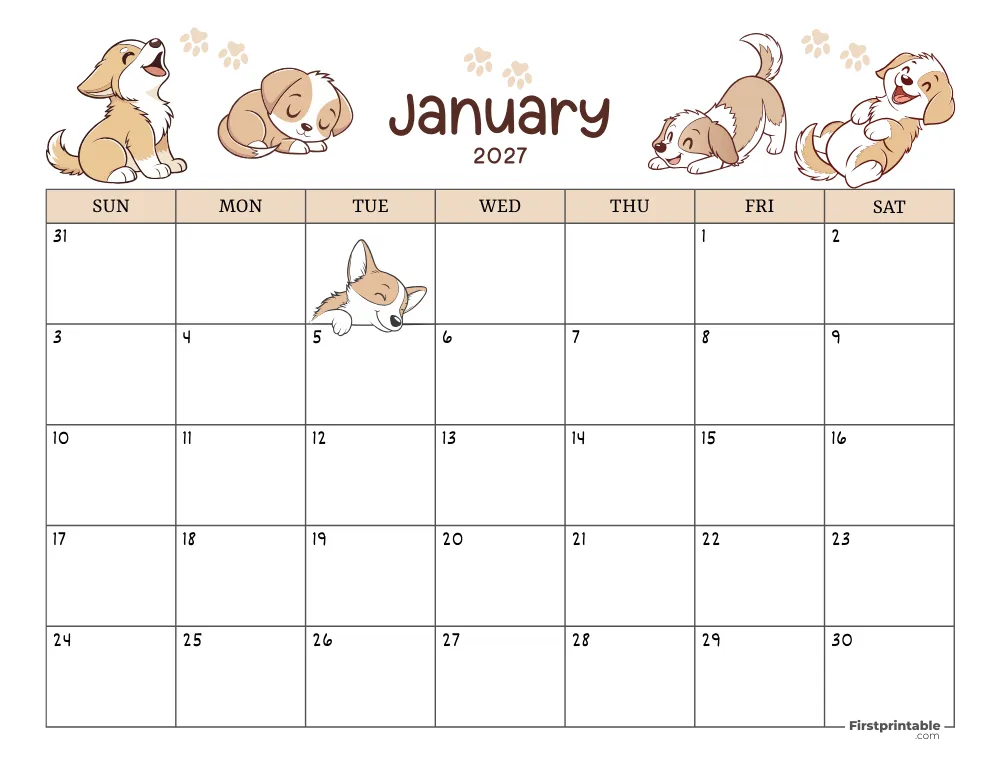 January 2027 Calendar Dog Themed 01