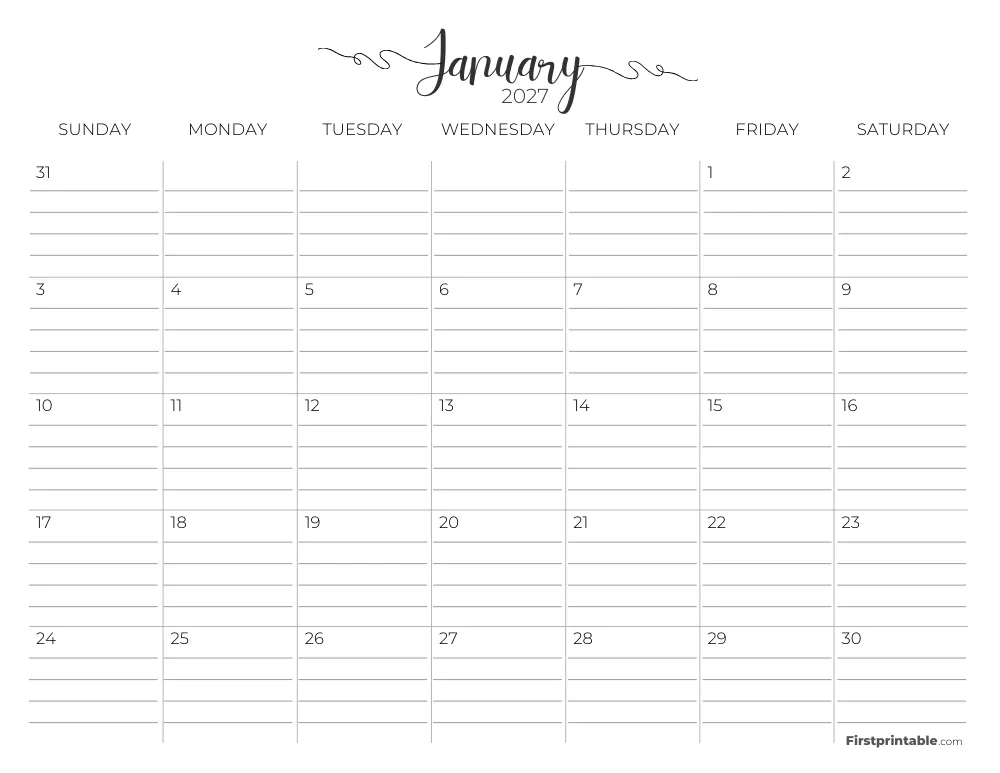 January 2027 Calendar with lines 02