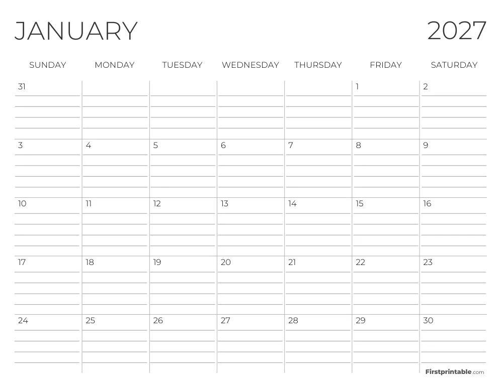 January 2027 Calendar with lines
