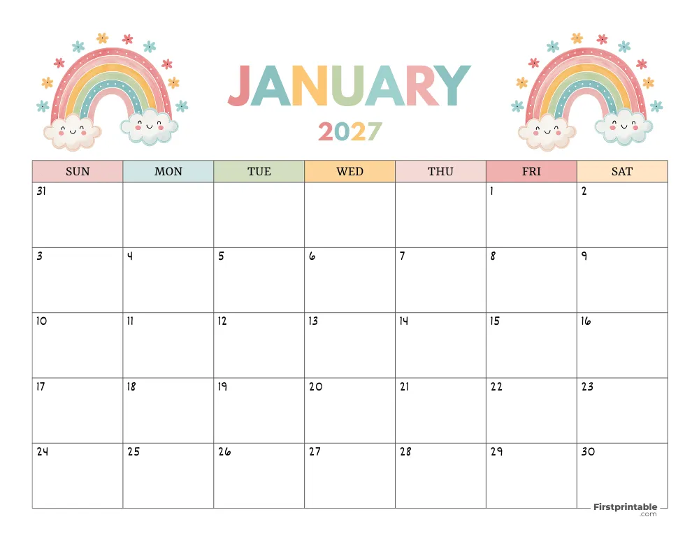 January 2027 Free Calendar