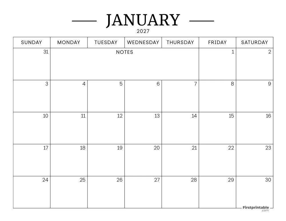 January Calendar 2027 Printable