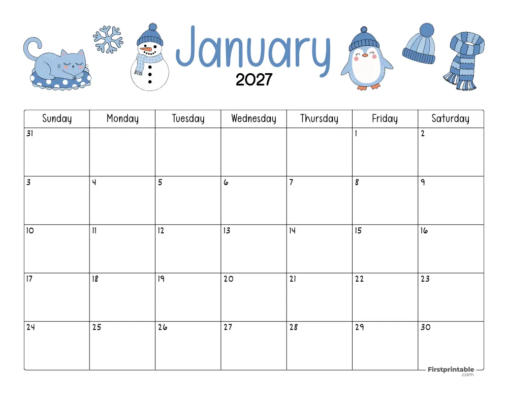 January Calendar 2027 Winter Themed 04