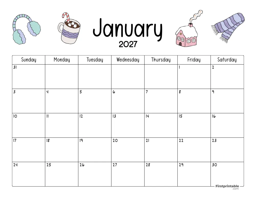 January Calendar 2027 Winter Themed 05