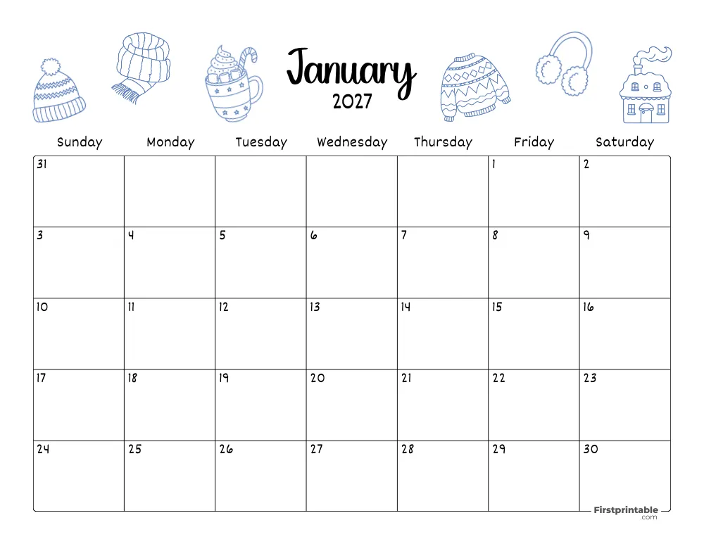 January Calendar 2027 Winter Themed 06