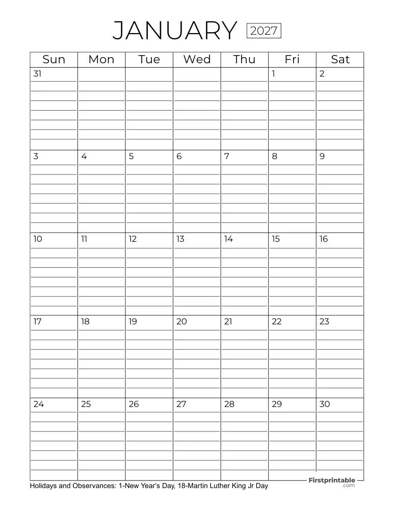 January Calendar 2027 with Lines