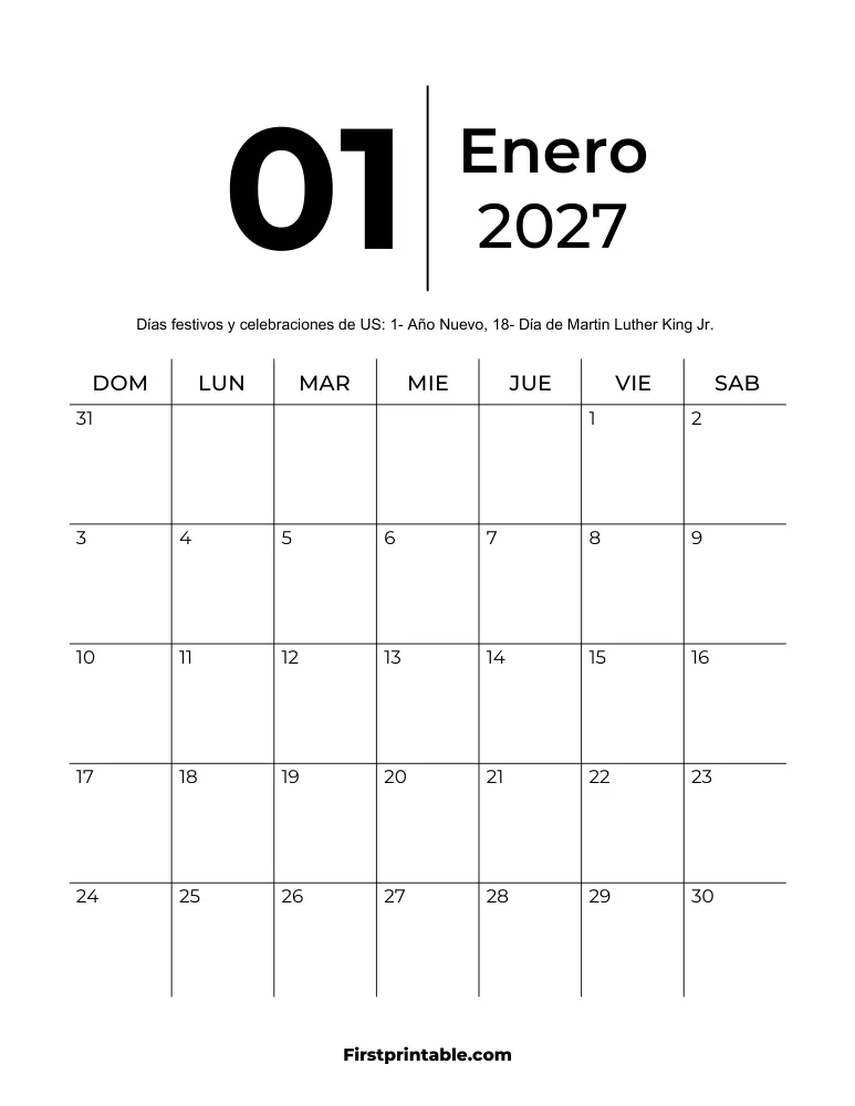 Plantilla de calendario imprimible de enero de 2027