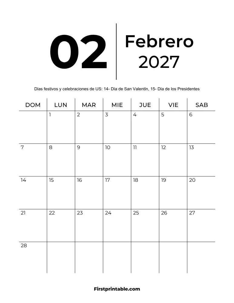 Plantilla de calendario imprimible de febrero de 2027