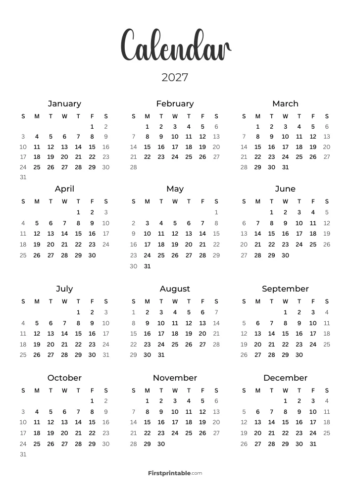 Printable 2027 Calendar Template 01