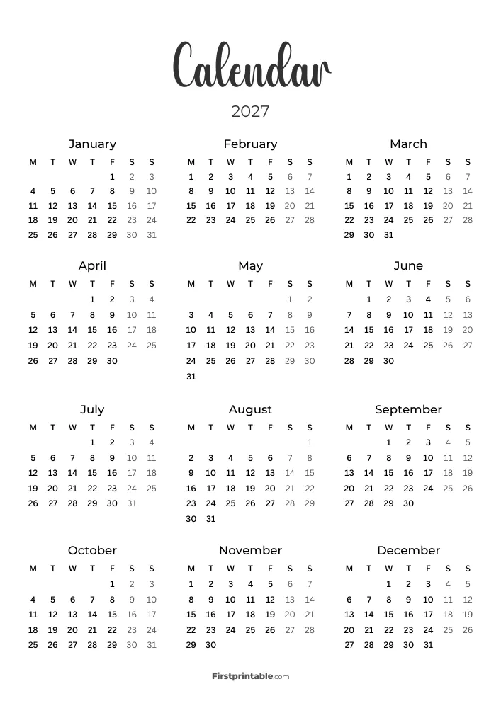 Printable 2027 Calendar Template 02