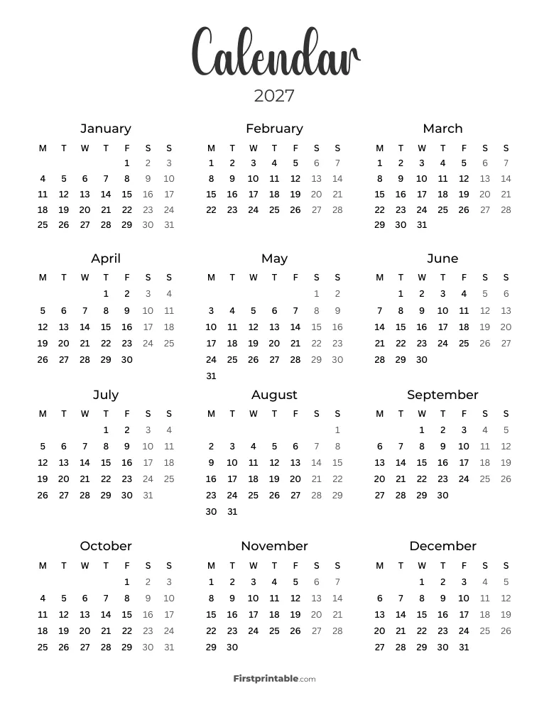 2027 Calendar - Monday Start