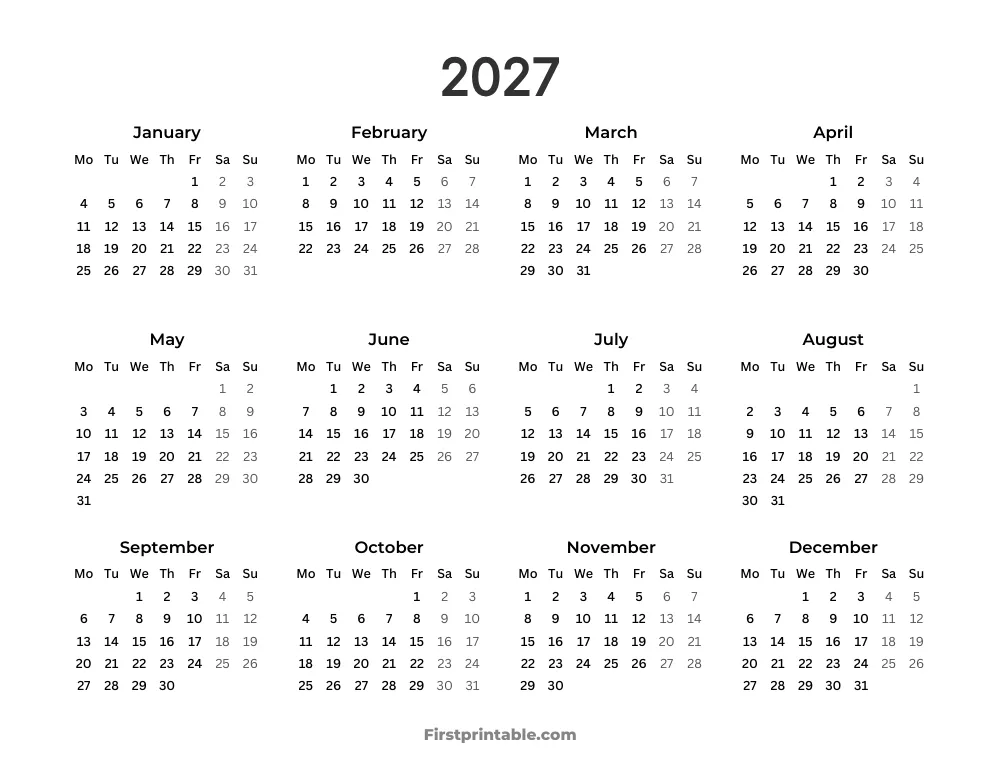 Printable Calendar 2027 Monday Start Template 13