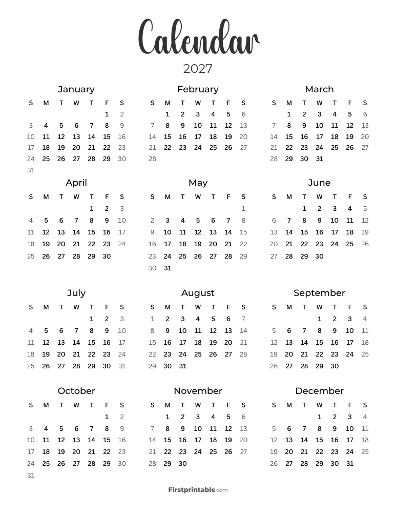 2027 Calendar - Sunday Start