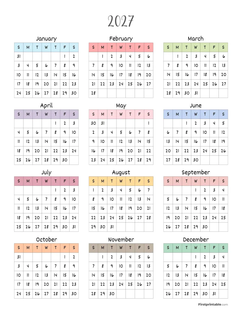 Printable Calendar 2027 Template 02