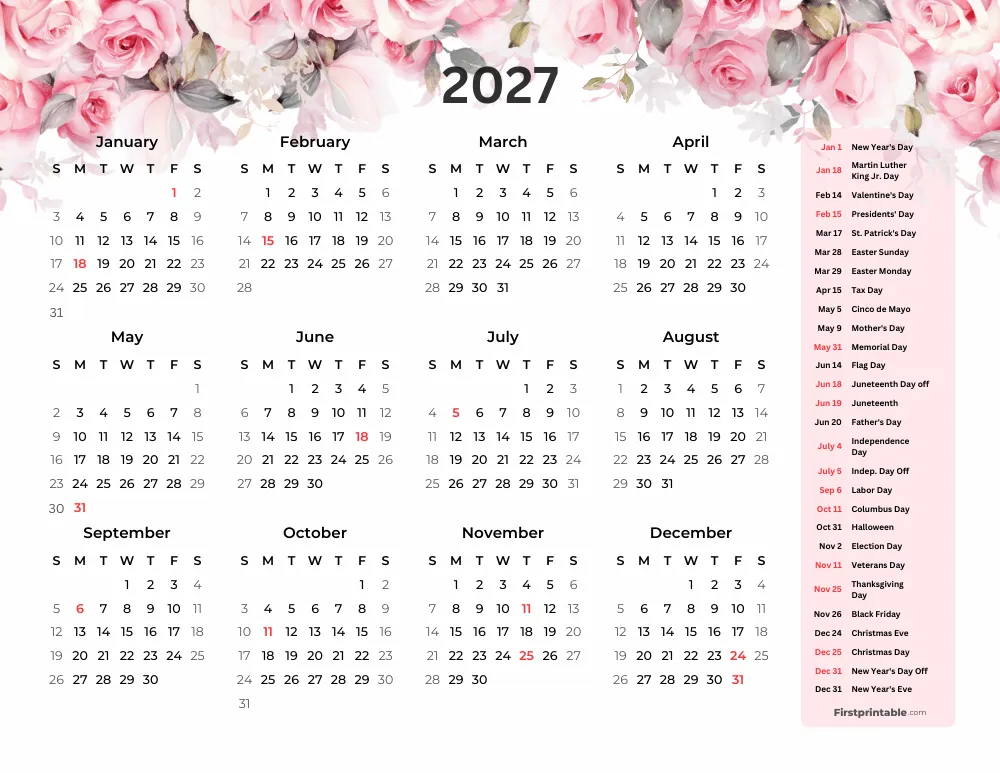 Printable Calendar 2027 Template 10