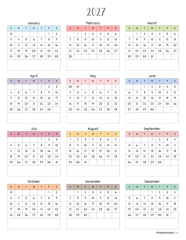 Printable Calendar 2027 Template 16