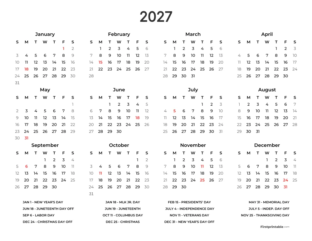 Printable Calendar 2027 Template 19
