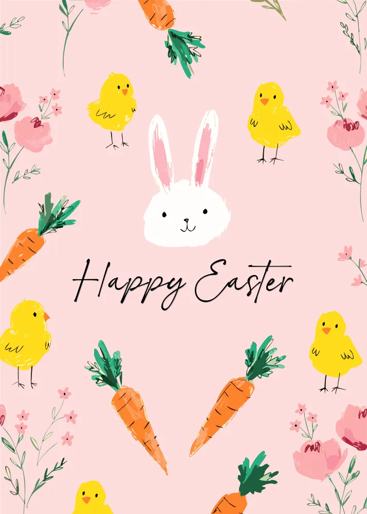 Easter Card with Cute Bunny, Chick, and Carrot