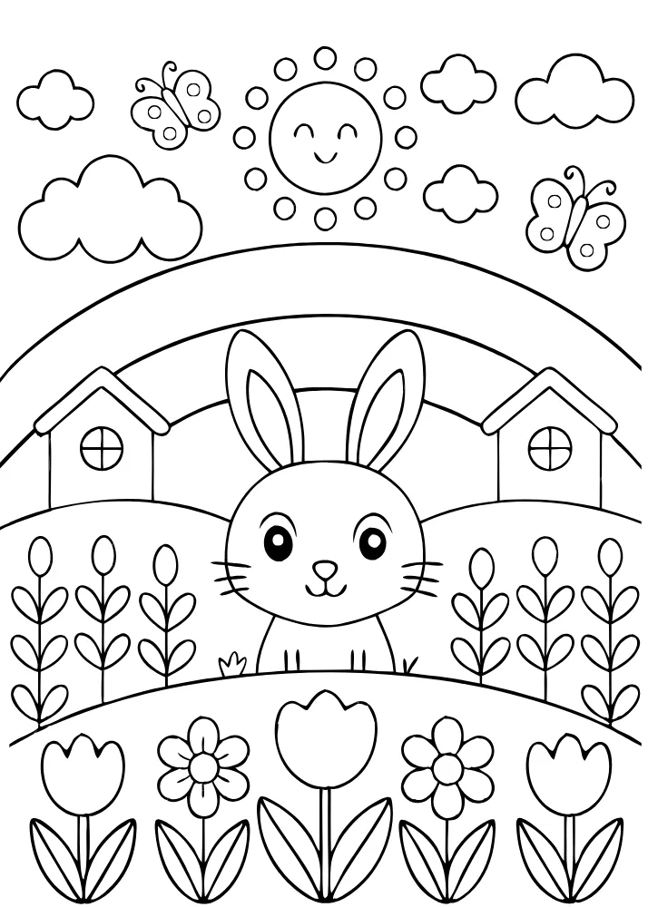 Cute Easter Bunny in Spring to Color