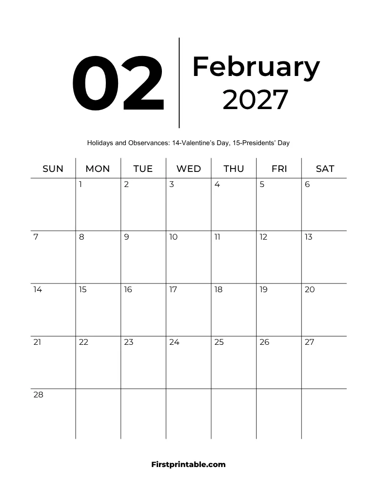 Printable February 2027 Calendar Template